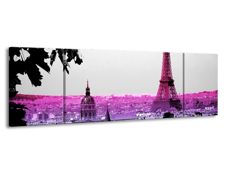 Glasschilderij Parijs, Eiffeltoren | Paars, Roze, Grijs | 170x50cm 3Luik