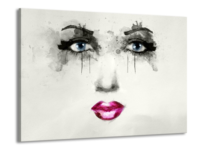 Canvas Schilderij Vrouw, Gezicht | Zwart, Roze, Crème | 100x70cm 1Luik