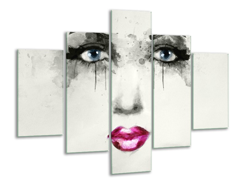 Glasschilderij Vrouw, Gezicht | Zwart, Roze, Crème | 100x70cm 5Luik