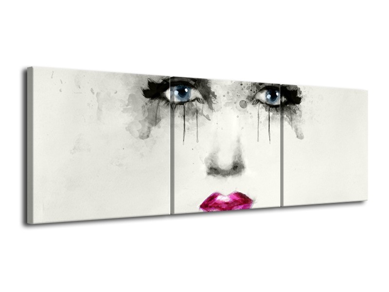 Canvas Schilderij Vrouw, Gezicht | Zwart, Roze, Crème | 120x40cm 3Luik