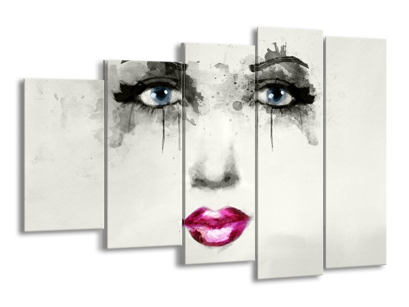 Canvas Schilderij Vrouw, Gezicht | Zwart, Roze, Crème | 150x100cm 5Luik