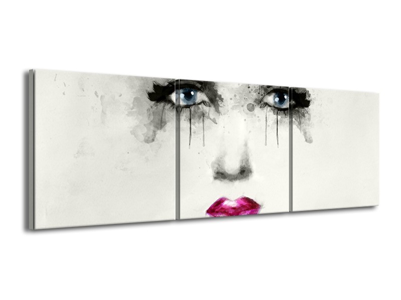 Canvas Schilderij Vrouw, Gezicht | Zwart, Roze, Crème | 150x50cm 3Luik