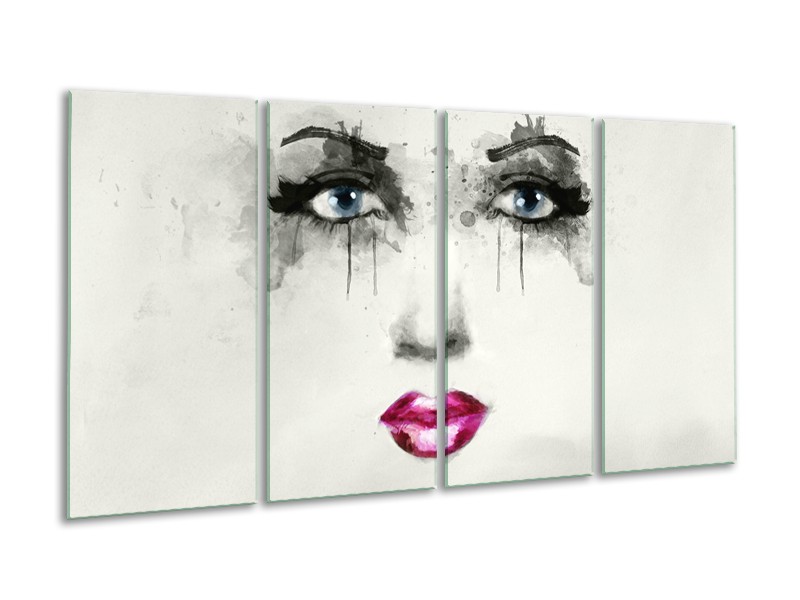 Glasschilderij Vrouw, Gezicht | Zwart, Roze, Crème | 160x80cm 4Luik