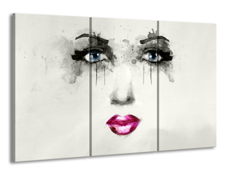 Canvas Schilderij Vrouw, Gezicht | Zwart, Roze, Crème | 165x100cm 3Luik
