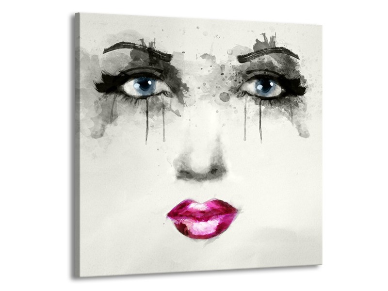 Canvas Schilderij Vrouw, Gezicht | Zwart, Roze, Crème | 50x50cm 1Luik