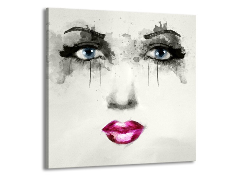 Canvas Schilderij Vrouw, Gezicht | Zwart, Roze, Crème | 70x70cm 1Luik