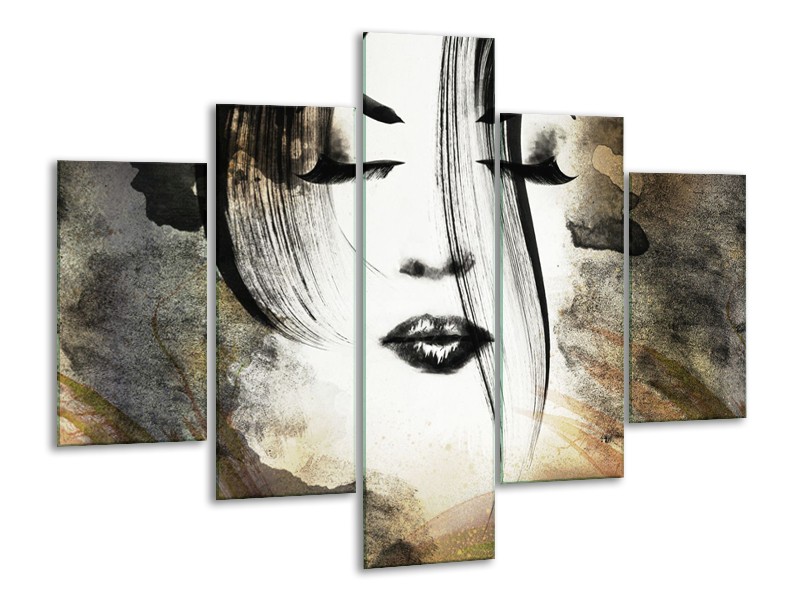 Glasschilderij Vrouw, Gezicht | Zwart, Wit, Bruin | 100x70cm 5Luik