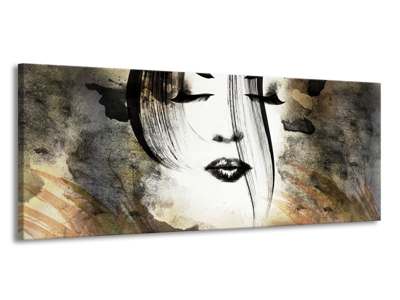 Canvas Schilderij Vrouw, Gezicht | Zwart, Wit, Bruin | 145x58cm 1Luik