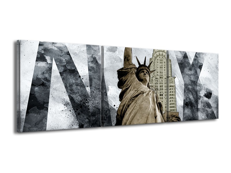 Canvas Schilderij Vrijheidsbeeld, New York | Grijs, Crème | 150x50cm 3Luik