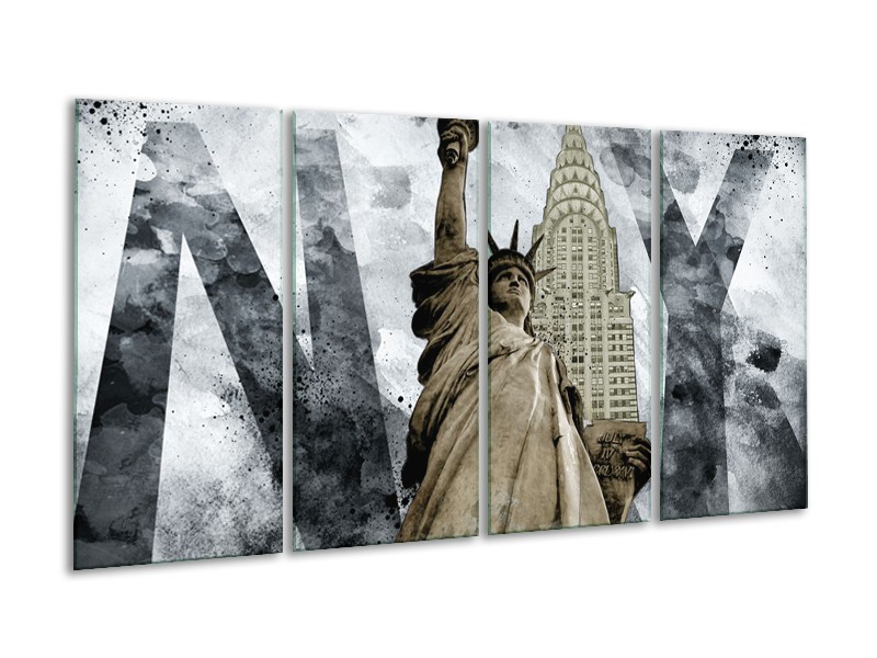 Glasschilderij Vrijheidsbeeld, New York | Grijs, Crème | 160x80cm 4Luik