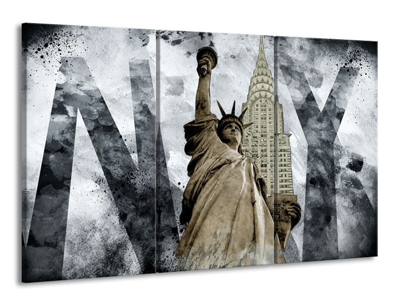 Glasschilderij Vrijheidsbeeld, New York | Grijs, Crème | 165x100cm 3Luik