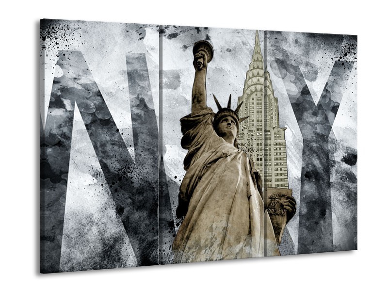 Glasschilderij Vrijheidsbeeld, New York | Grijs, Crème | 60x90cm 3Luik