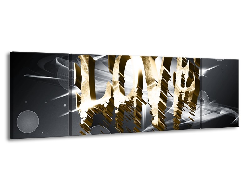 Canvas Schilderij Love, Abstract | Grijs, Crème, Goud | 170x50cm 3Luik