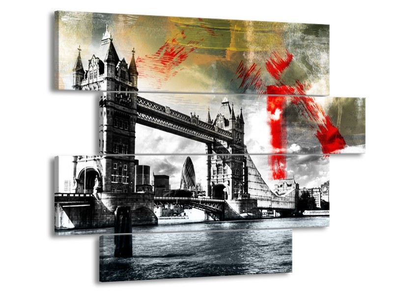 Canvas Schilderij Engeland, London | Zwart, Wit, Rood | 115x85cm 4Luik