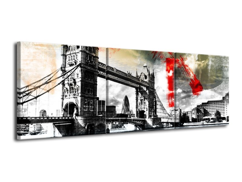 Glasschilderij Engeland, London | Zwart, Wit, Rood | 120x40cm 3Luik