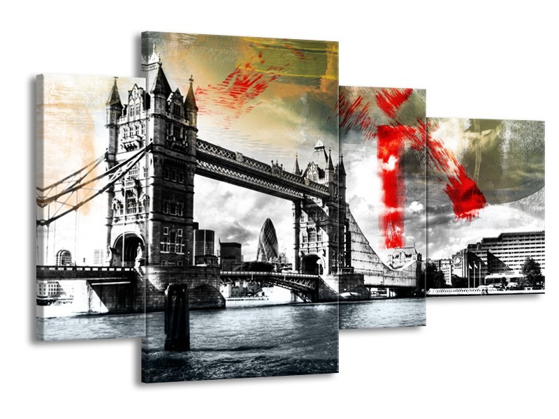 Glasschilderij Engeland, London | Zwart, Wit, Rood | 120x75cm 4Luik