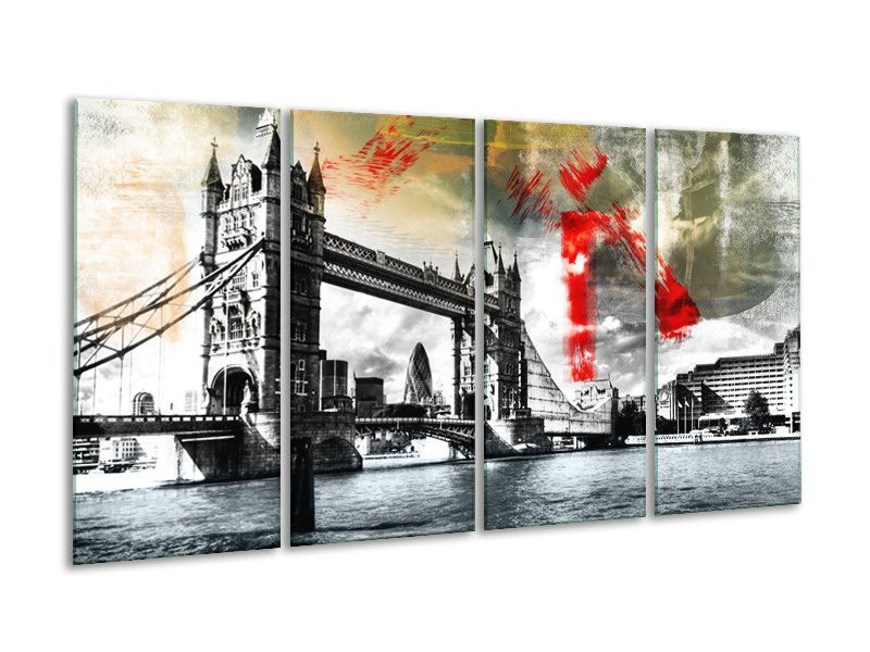 Glasschilderij Engeland, London | Zwart, Wit, Rood | 160x80cm 4Luik