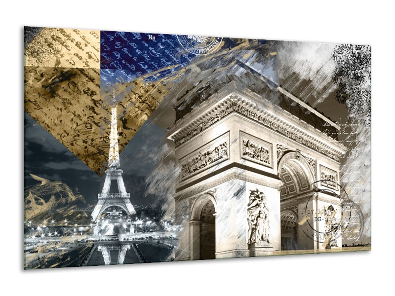 Glasschilderij Frankrijk, Parijs | Grijs, Crème , Geel | 120x70cm 1Luik