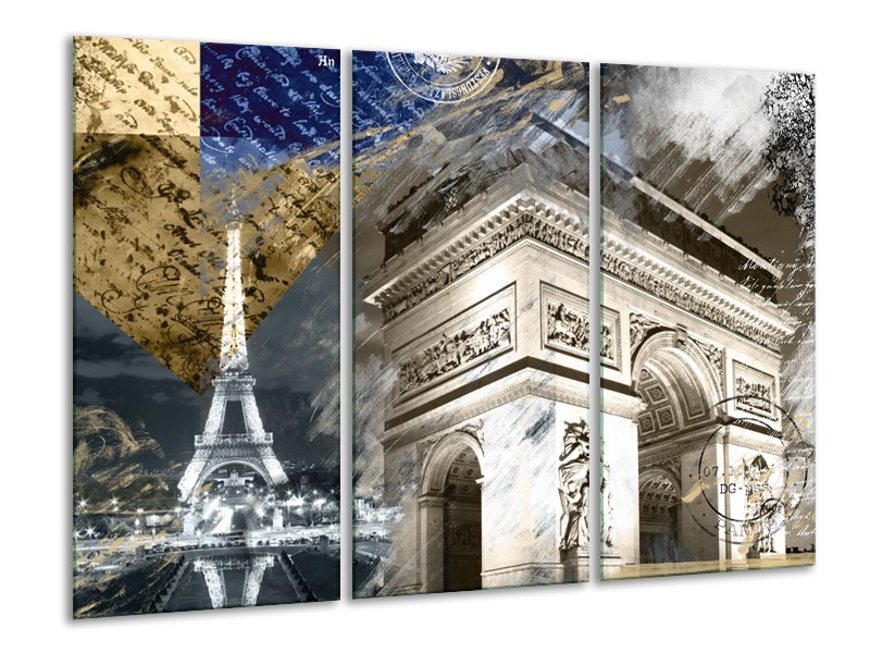 Glasschilderij Frankrijk, Parijs | Grijs, Crème , Geel | 120x80cm 3Luik