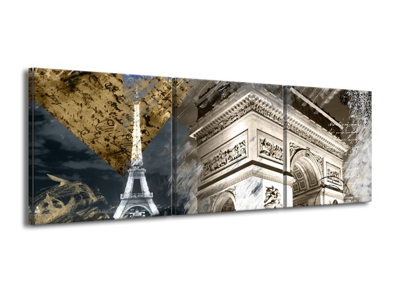 Glasschilderij Frankrijk, Parijs | Grijs, Crème , Geel | 150x50cm 3Luik
