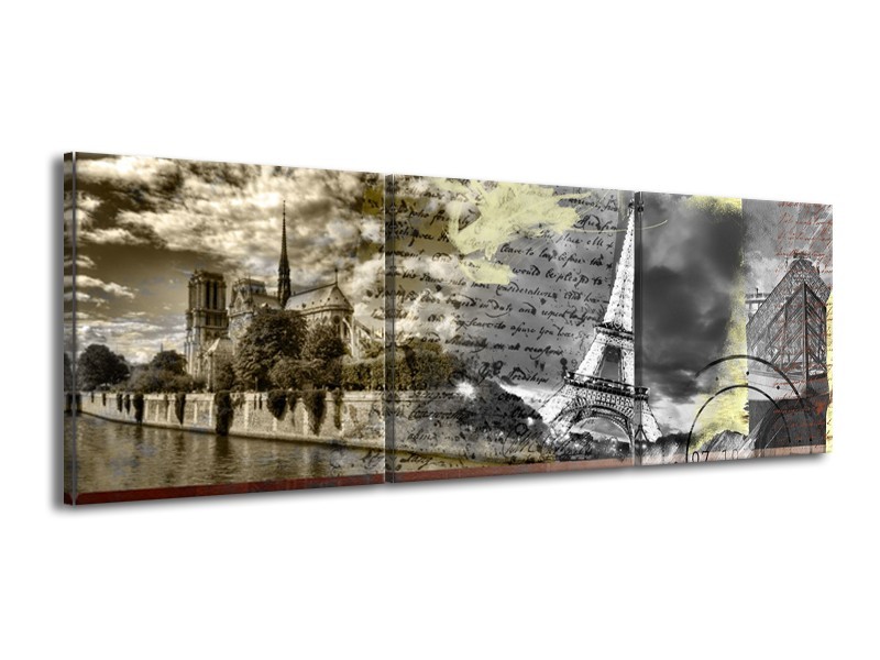 Canvas Schilderij Frankrijk, Parijs | Grijs, Geel, Bruin | 150x50cm 3Luik