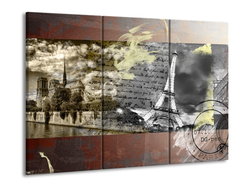 Canvas Schilderij Frankrijk, Parijs | Grijs, Geel, Bruin | 60x90cm 3Luik