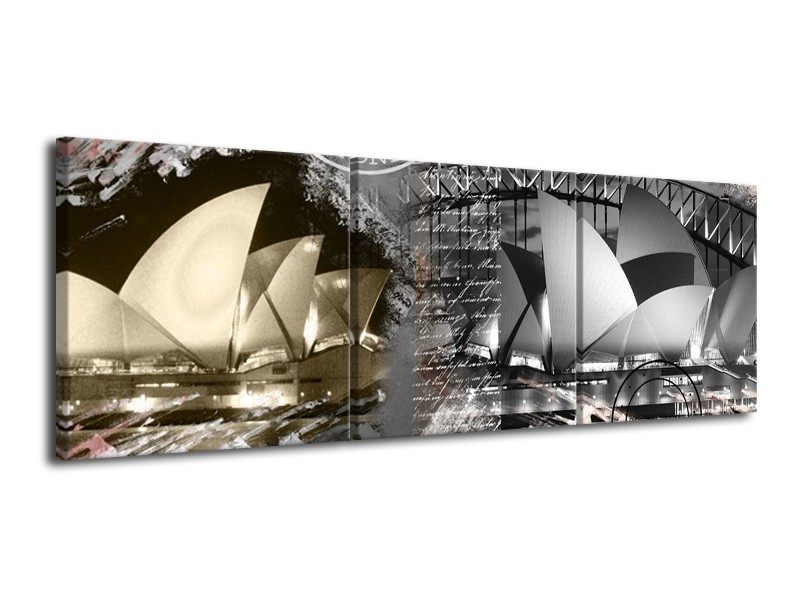 Glasschilderij Sydney, Modern | Grijs, Crème , Rood | 120x40cm 3Luik