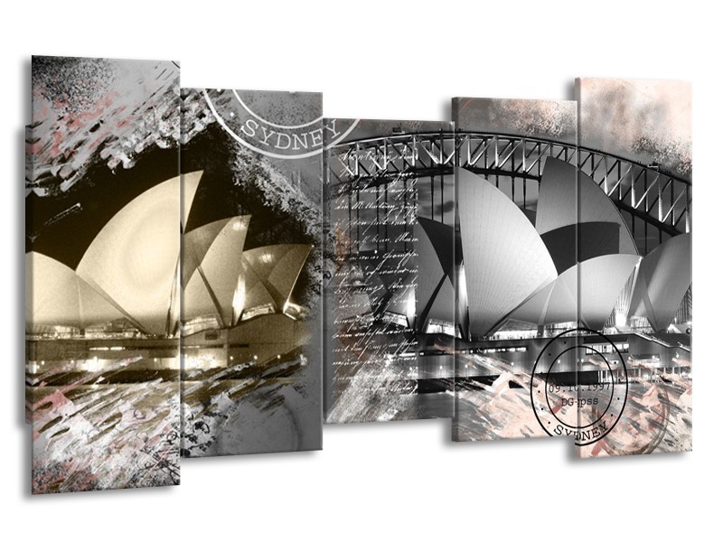 Canvas Schilderij Sydney, Modern | Grijs, Crème, Rood | 150x80cm 5Luik