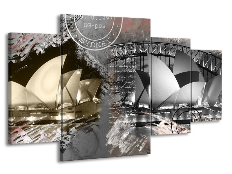 Canvas Schilderij Sydney, Modern | Grijs, Crème, Rood | 160x90cm 4Luik
