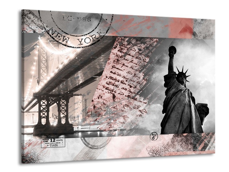 Canvas Schilderij Vrijheidsbeeld, New York | Grijs, Rood, Zwart, Wit | 100x70cm 1Luik