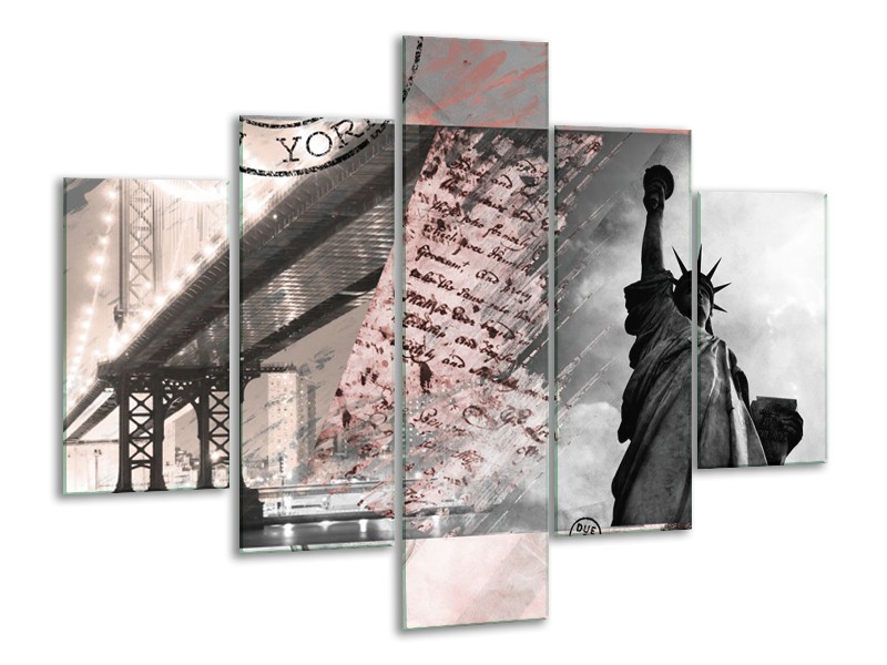 Glasschilderij Vrijheidsbeeld, New York | Grijs, Rood, Zwart, Wit | 100x70cm 5Luik