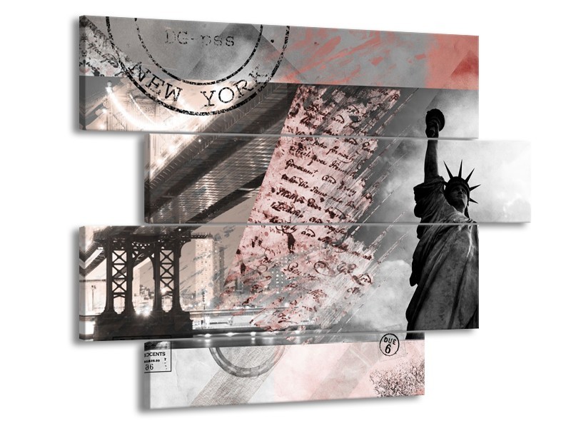 Glasschilderij Vrijheidsbeeld, New York | Grijs, Rood, Zwart, Wit | 115x85cm 4Luik