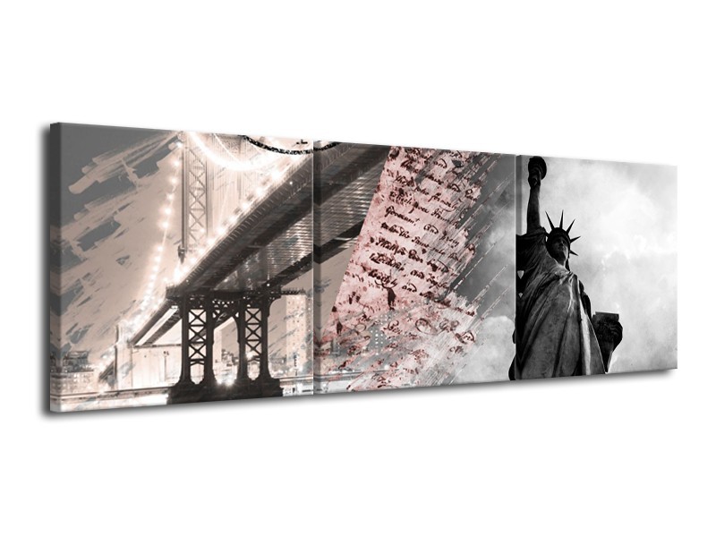 Canvas Schilderij Vrijheidsbeeld, New York | Grijs, Rood, Zwart, Wit | 120x40cm 3Luik