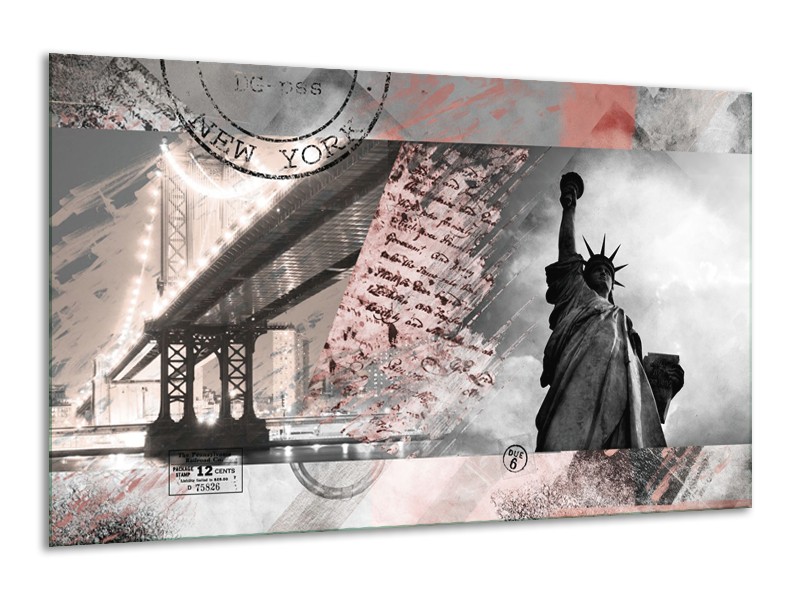 Glasschilderij Vrijheidsbeeld, New York | Grijs, Rood, Zwart, Wit | 120x70cm 1Luik