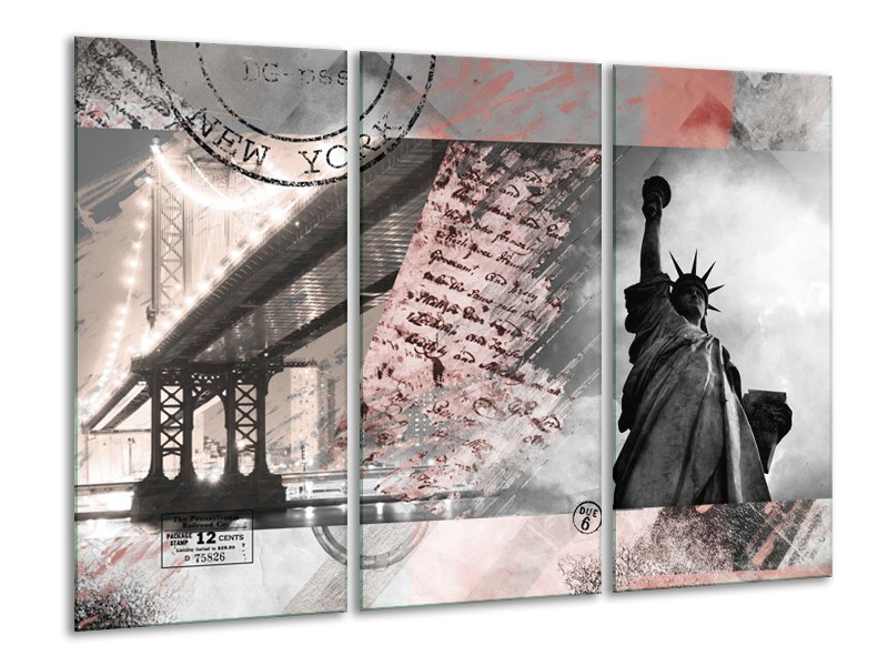 Glasschilderij Vrijheidsbeeld, New York | Grijs, Rood, Zwart, Wit | 120x80cm 3Luik