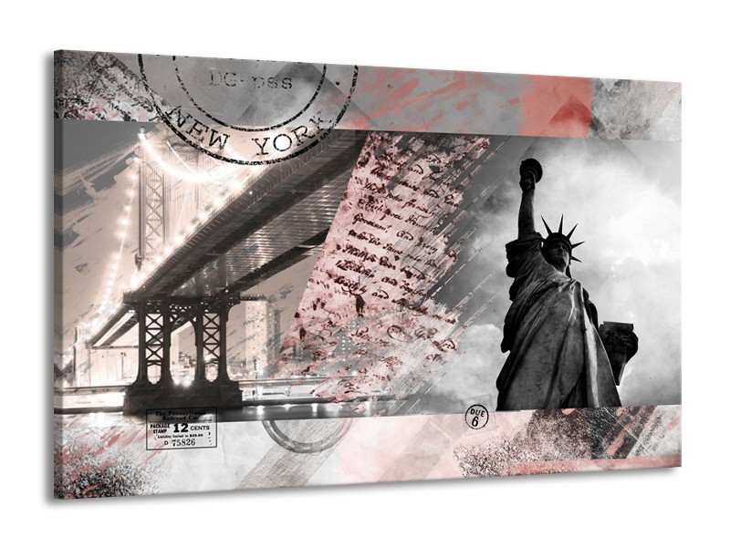Canvas Schilderij Vrijheidsbeeld, New York | Grijs, Rood, Zwart, Wit | 140x90cm 1Luik