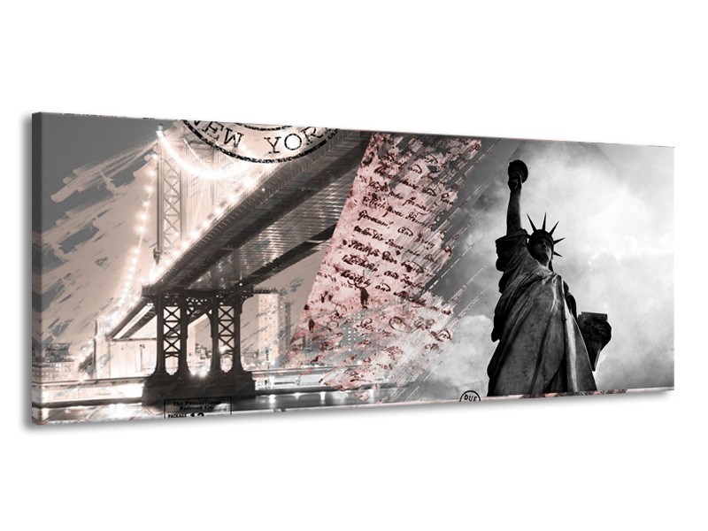 Canvas Schilderij Vrijheidsbeeld, New York | Grijs, Rood, Zwart, Wit | 145x58cm 1Luik