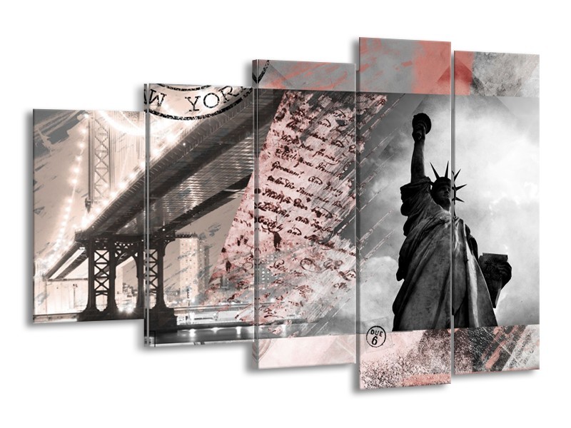 Glasschilderij Vrijheidsbeeld, New York | Grijs, Rood, Zwart, Wit | 150x100cm 5Luik