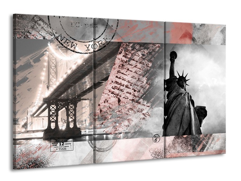 Canvas Schilderij Vrijheidsbeeld, New York | Grijs, Rood, Zwart, Wit | 165x100cm 3Luik