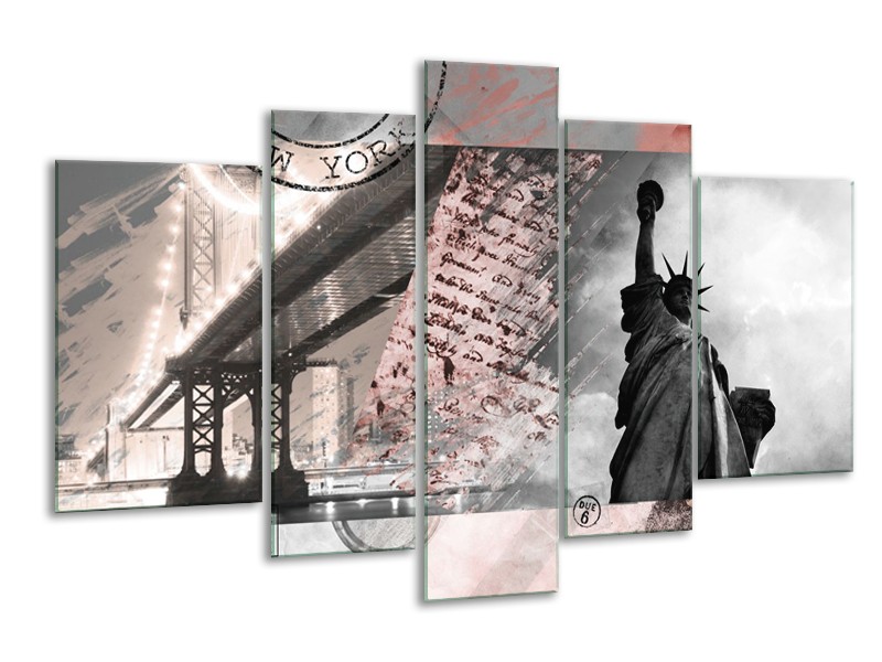 Glasschilderij Vrijheidsbeeld, New York | Grijs, Rood, Zwart, Wit | 170x100cm 5Luik