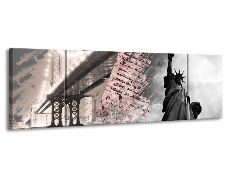 Canvas Schilderij Vrijheidsbeeld, New York | Grijs, Rood, Zwart, Wit | 170x50cm 3Luik