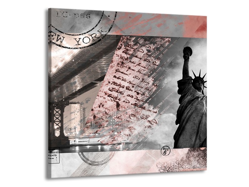 Glasschilderij Vrijheidsbeeld, New York | Grijs, Rood, Zwart, Wit | 50x50cm 1Luik
