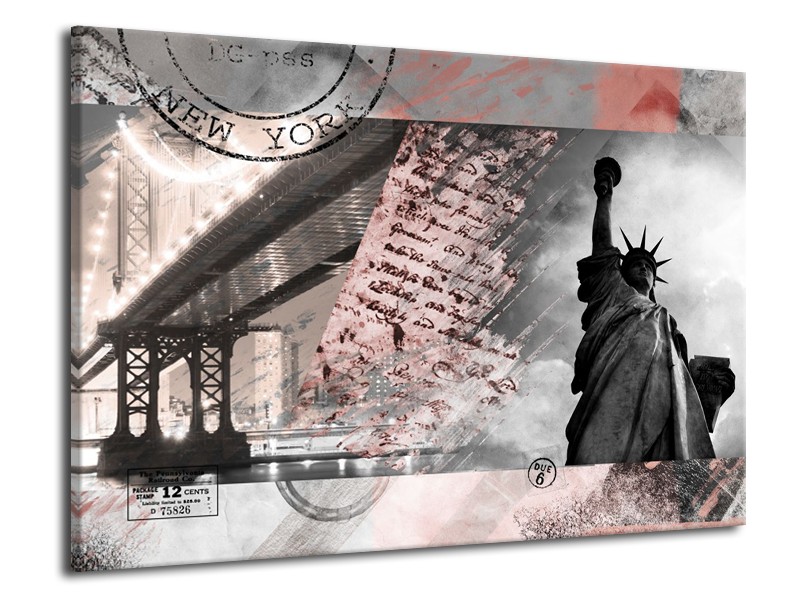 Canvas Schilderij Vrijheidsbeeld, New York | Grijs, Rood, Zwart, Wit | 70x50cm 1Luik