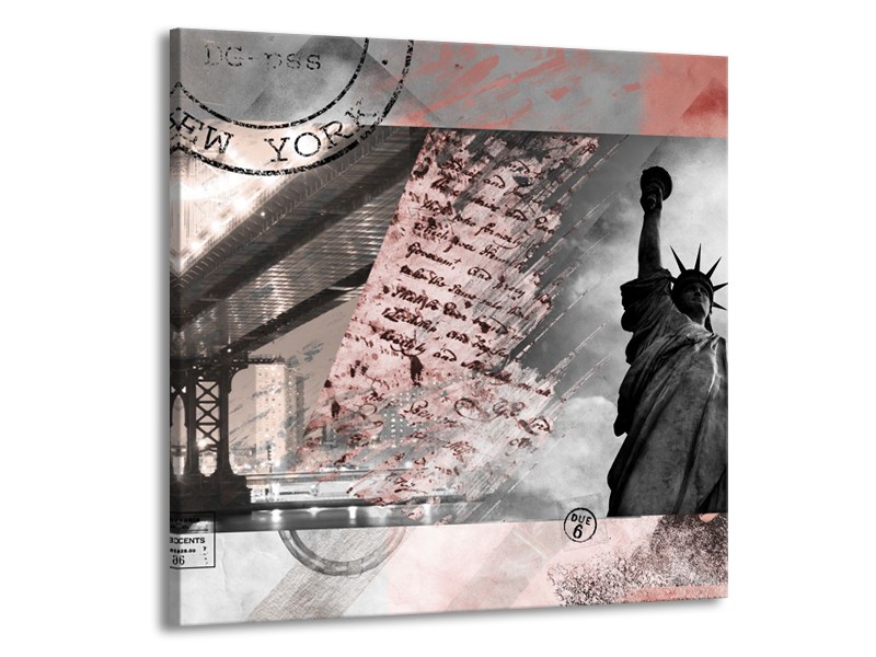 Canvas Schilderij Vrijheidsbeeld, New York | Grijs, Rood, Zwart, Wit | 70x70cm 1Luik