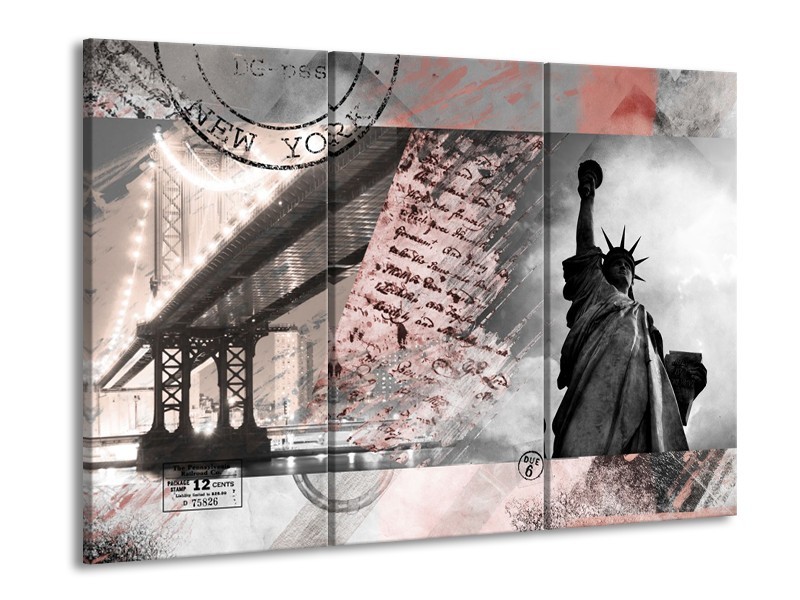 Glasschilderij Vrijheidsbeeld, New York | Grijs, Rood, Zwart, Wit | 60x90cm 3Luik