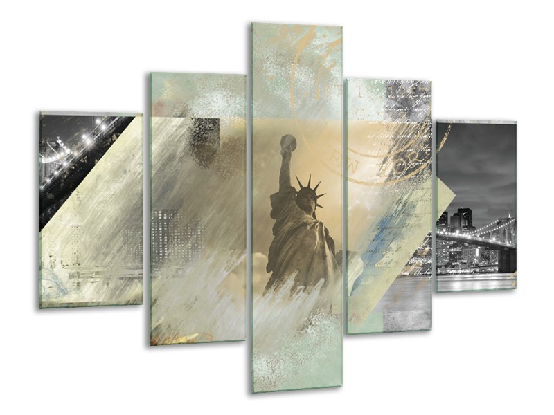 Glasschilderij Vrijheidsbeeld, New York | Grijs, Crème , Groen | 100x70cm 5Luik