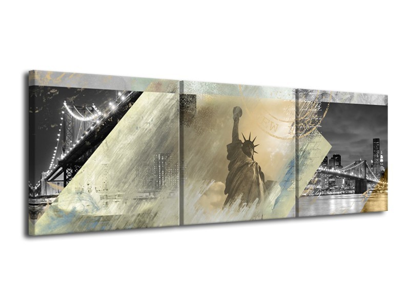 Canvas Schilderij Vrijheidsbeeld, New York | Grijs, Crème, Groen | 120x40cm 3Luik