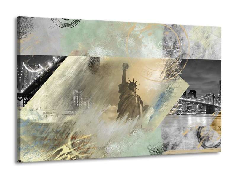 Glasschilderij Vrijheidsbeeld, New York | Grijs, Crème , Groen | 140x90cm 1Luik