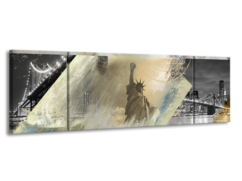 Glasschilderij Vrijheidsbeeld, New York | Grijs, Crème , Groen | 170x50cm 3Luik