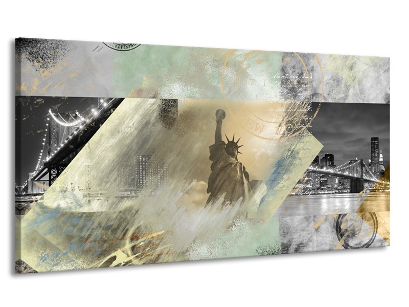 Canvas Schilderij Vrijheidsbeeld, New York | Grijs, Crème, Groen | 170x90cm 1Luik